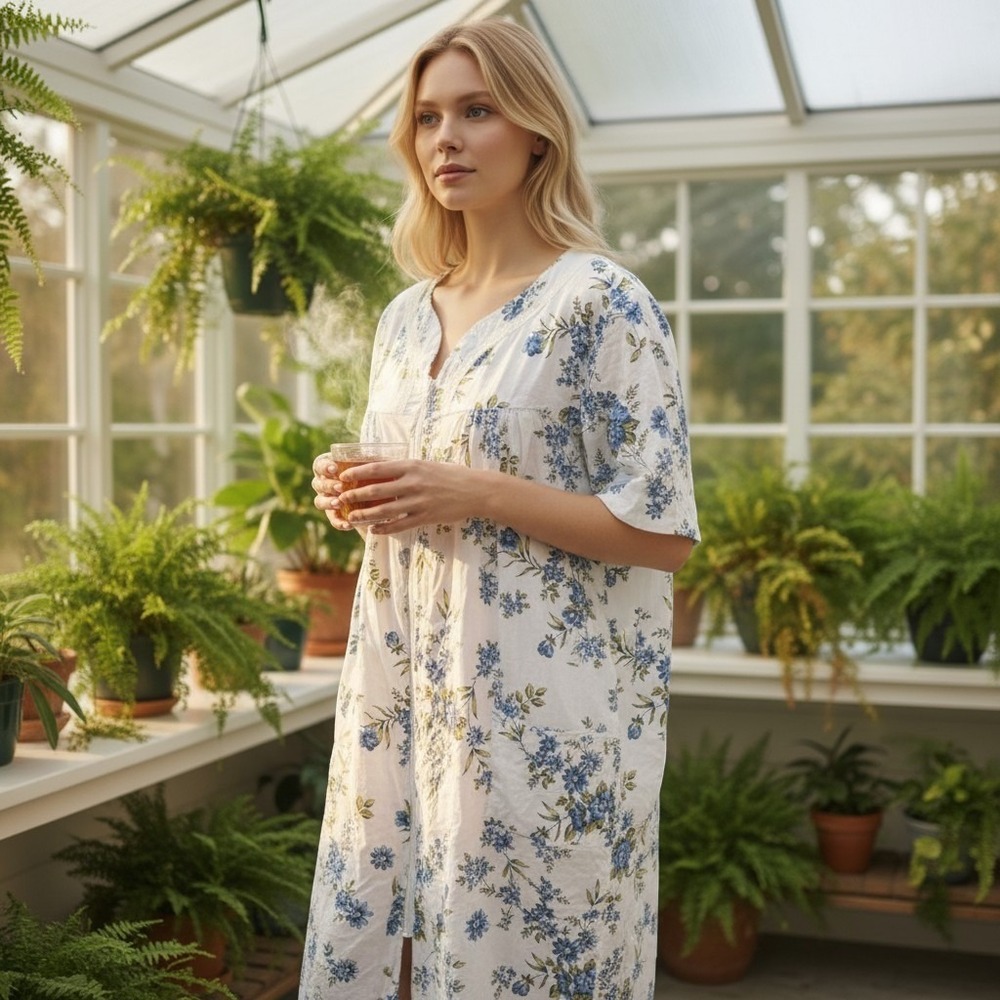 Croft & Barrow Robe Women L White Floral Zip Front Kaftan Sleepwear Lounge Mumu